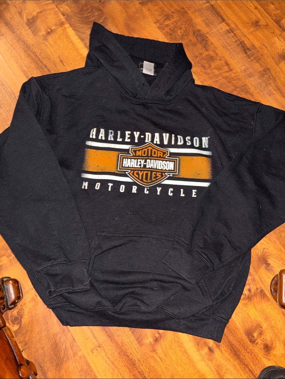 Harley-Davidson Black Hoodie with Orange and White Shield Logo